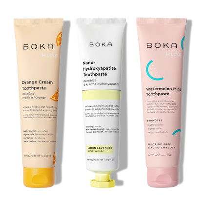 Three tubes of n-Ha Toothpaste Family 3 Pack in kid-friendly flavors encourage healthy brushing habits.