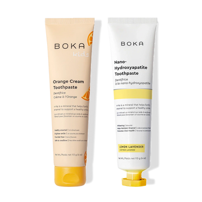 N-Ha Toothpaste 2-Pack: Kids’ Orange Cream and Lemon Lavender to fortify enamel.