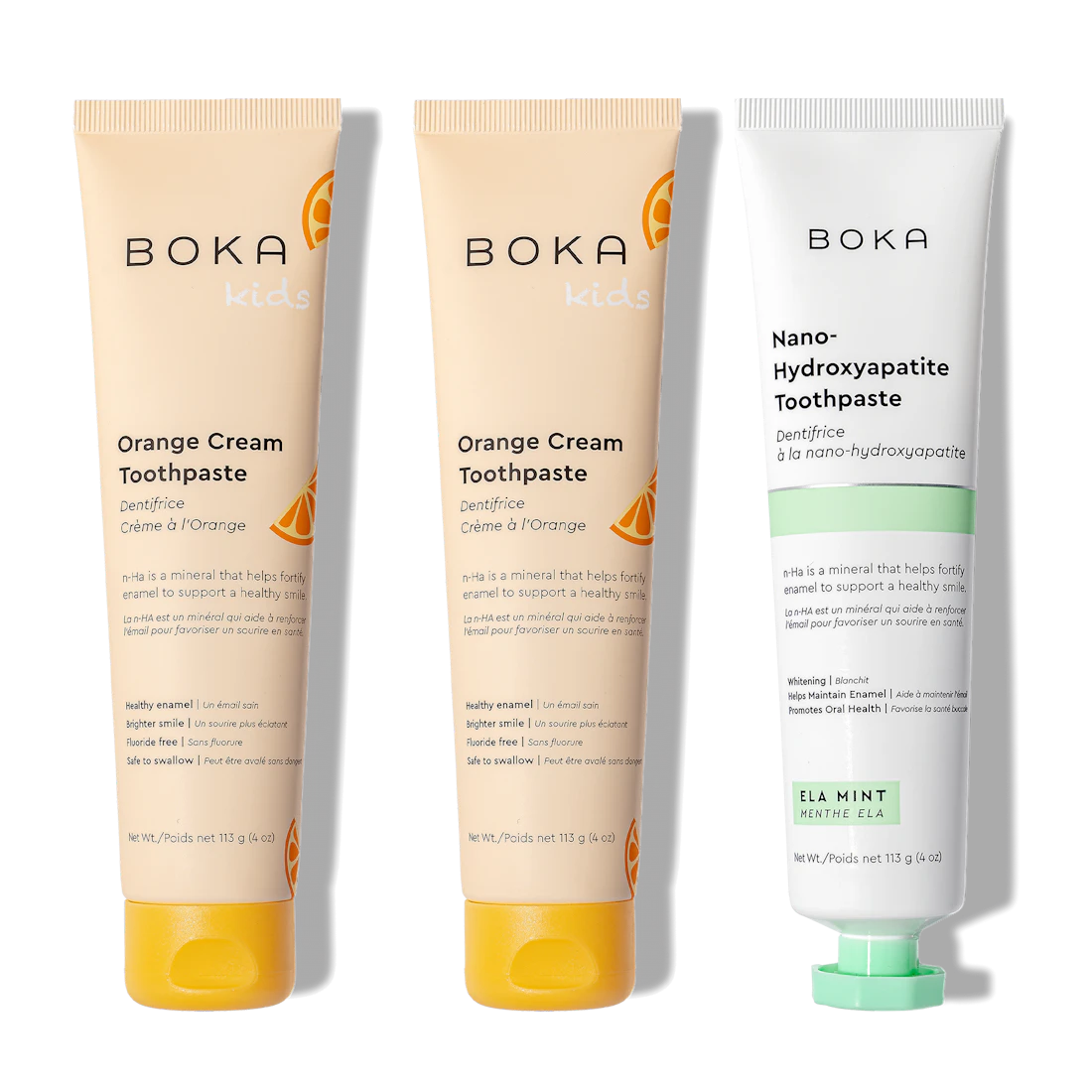 N-Ha Toothpaste 3-Pack: kid-friendly oral care in orange cream and mint with nano-hydroxyapatite.