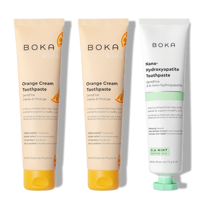 N-Ha Toothpaste 3-Pack: kid-friendly oral care in orange cream and mint with nano-hydroxyapatite.