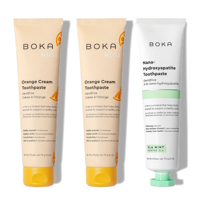 N-Ha Toothpaste Family 3 Pack: two kid flavors and one mint nano-hydroxyapatite for adults.