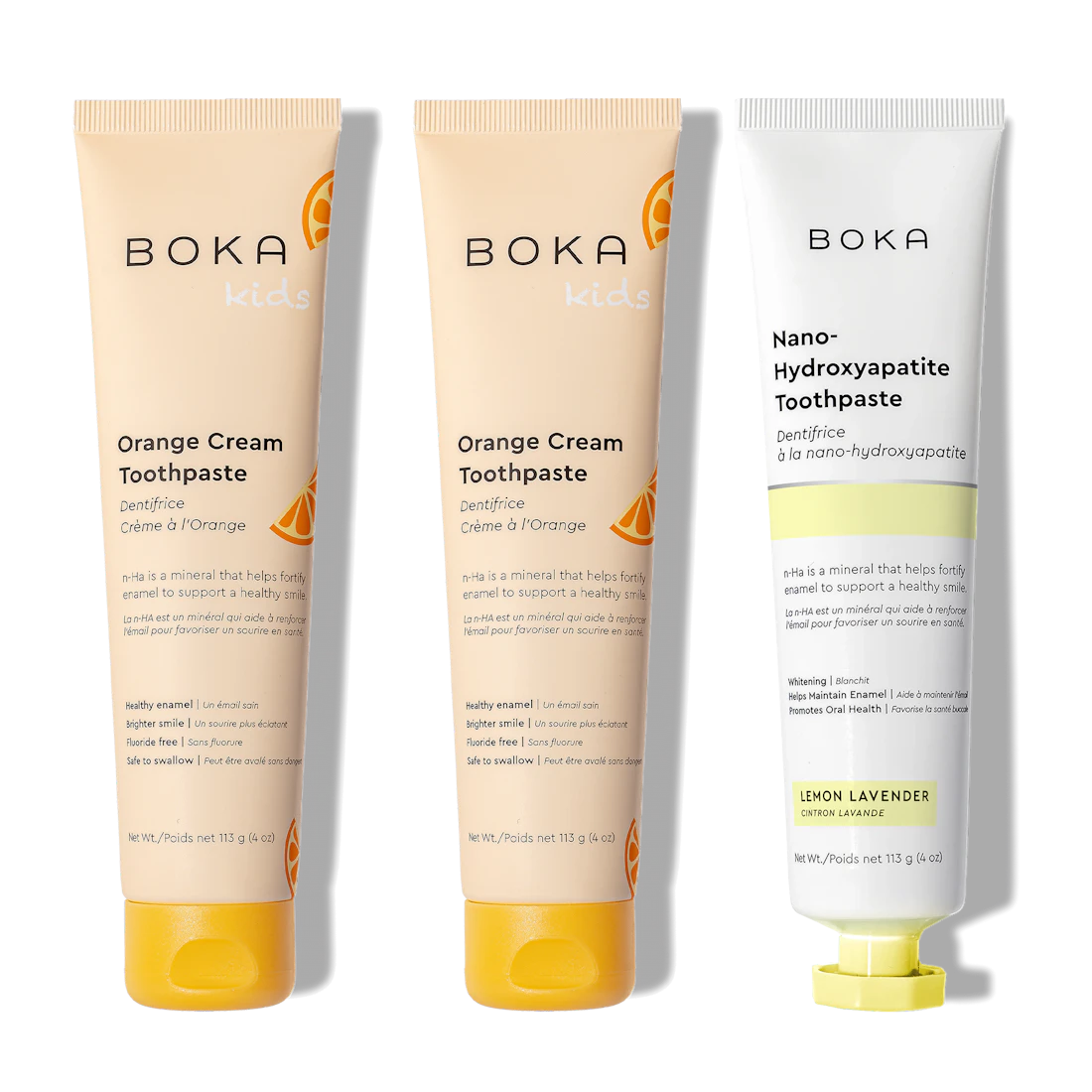 N-Ha Toothpaste 3-Pack: 2 Kids Orange Cream, 1 Adult Lemon Lavender, nano-hydroxyapatite formula.