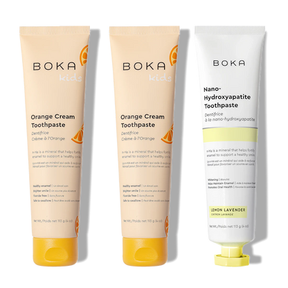 N-Ha Toothpaste 3-Pack: 2 Kids Orange Cream, 1 Adult Lemon Lavender, nano-hydroxyapatite formula.