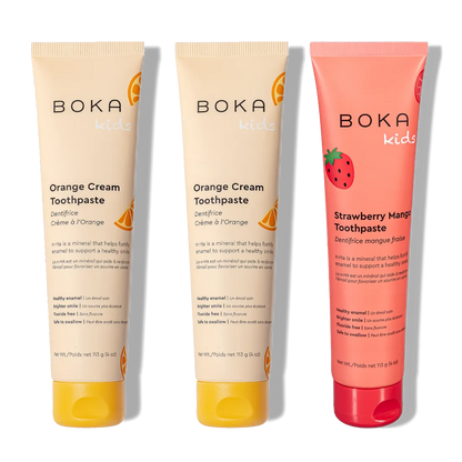 Three tubes of n-Ha Toothpaste Family 3 Pack, kid-approved flavors with nano-hydroxyapatite, upright.