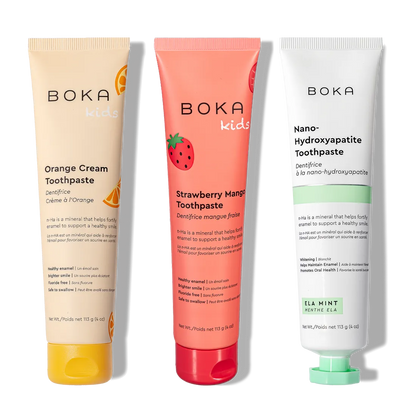 Three tubes of n-Ha Toothpaste Family 3 Pack in fun flavors to inspire healthy brushing habits for kids.