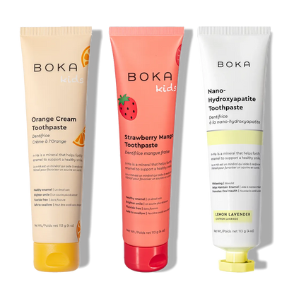 N-Ha Toothpaste Family 3 Pack: kid-friendly Orange Cream, Strawberry Mango & Lemon Lavender flavors.