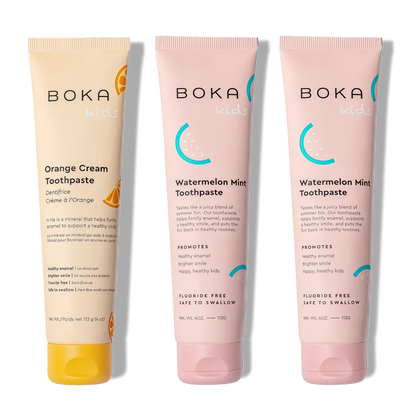 Three tubes of n-Ha Toothpaste Family 3 Pack, great flavors for kids and healthy brushing habits.