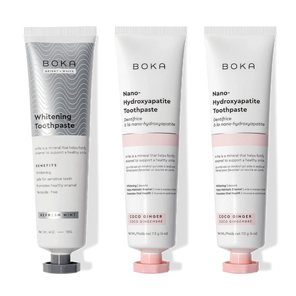 Three-pack Nano (n-Ha) Toothpaste: 1 Refresh Mint, 2 Coco Ginger whitening tubes.