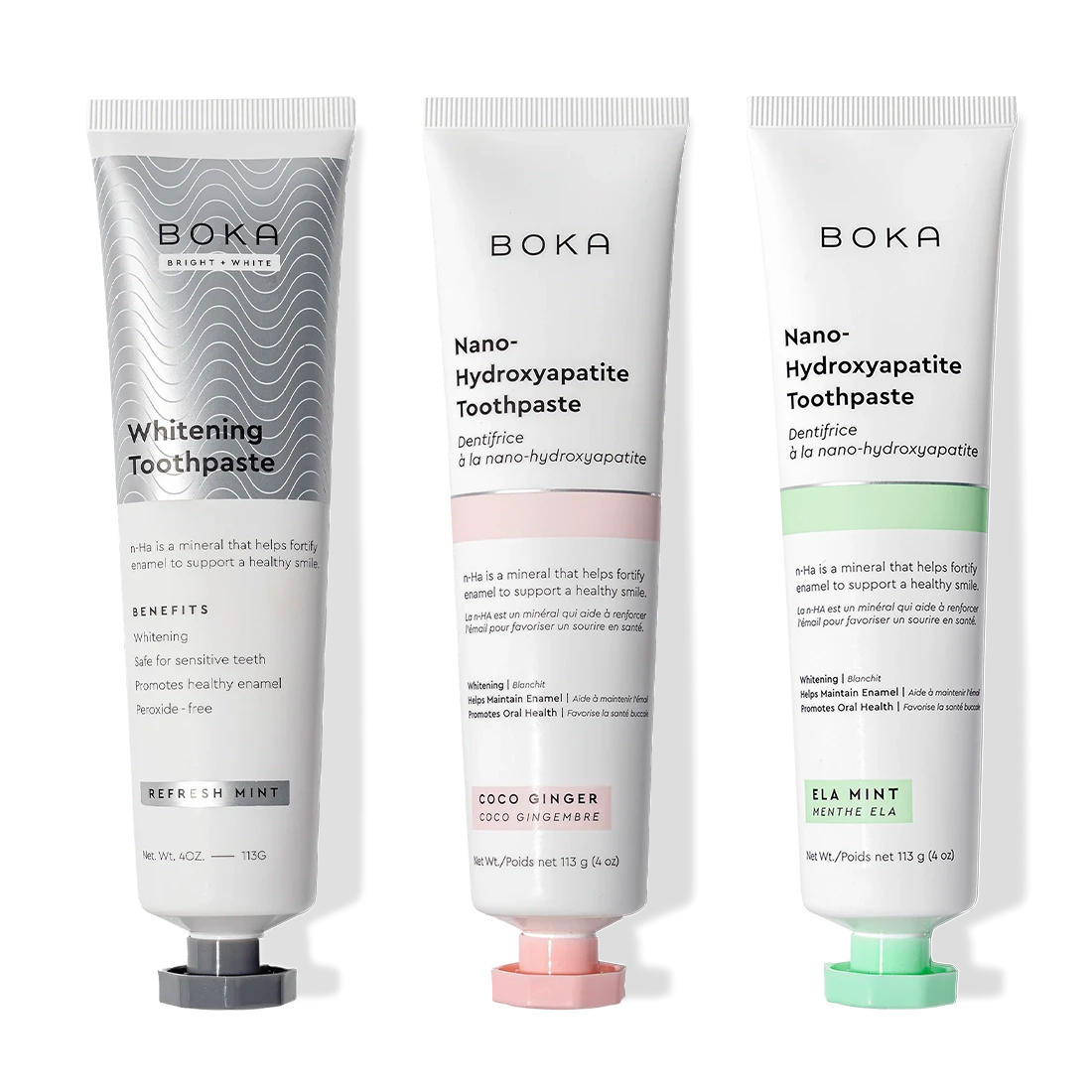 Three Boka Nano (n-Ha) Toothpaste Whitening 3 Packs stand on a white background.