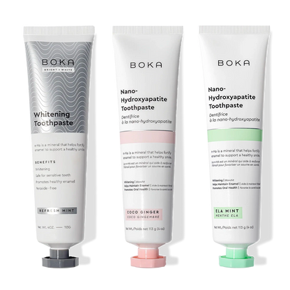 Three Boka Nano (n-Ha) Toothpaste Whitening 3 Packs stand on a white background.