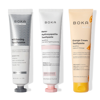 Three Boka Nano (n-Ha) Toothpaste Whitening 3 Pack: Refresh Mint & Kids Orange Cream flavors.