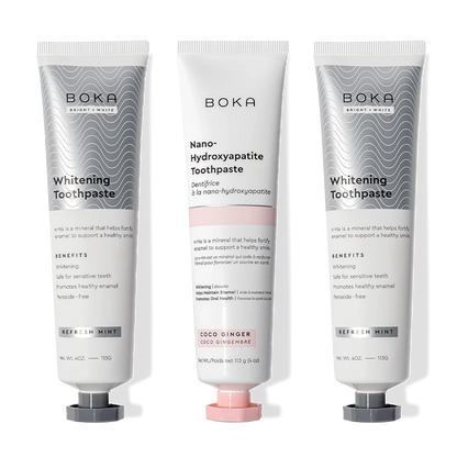 Three tubes of Nano (n-Ha) Toothpaste Whitening 3 Pack—two Refresh Mint, one Coco Ginger.