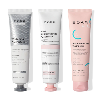 Boka Nano (n-Ha) Toothpaste Whitening 3 Pack: three tubes with Refresh Mint flavor.