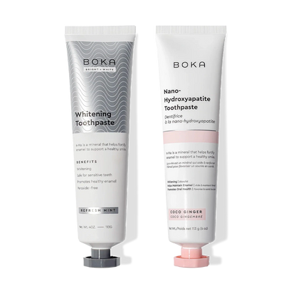 N-Ha Toothpaste 2-Pack to remineralize teeth—includes Whitening and Nano-Hydroxyapatite formulas.