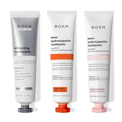 Three-pack Nano (n-Ha) Toothpaste Whitening, including Refresh Mint flavor for enamel protection.