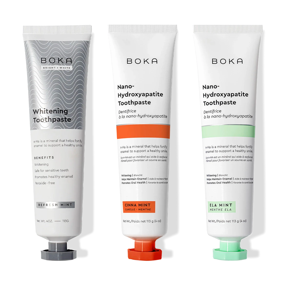 Three-pack of Boka Nano (n-Ha) Toothpaste in Whitening, Cinna Mint, and Refresh Mint flavors.