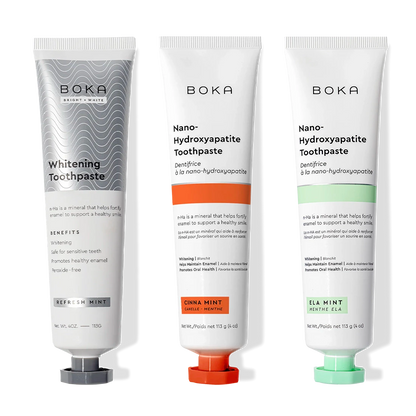 Three-pack of Boka Nano (n-Ha) Toothpaste in Whitening, Cinna Mint, and Refresh Mint flavors.