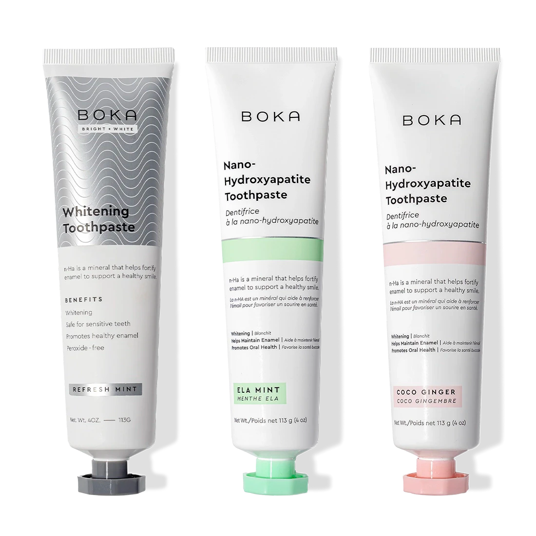 Three Boka Nano (n-Ha) Toothpaste Whitening 3 Pack tubes: Refresh Mint, Ela Mint, Coco Ginger.