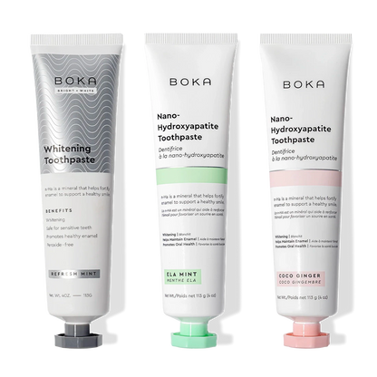 Three Boka Nano (n-Ha) Toothpaste Whitening 3 Pack tubes: Refresh Mint, Ela Mint, Coco Ginger.