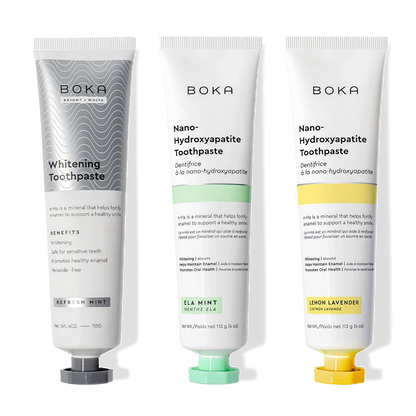 Nano (n-Ha) Toothpaste Whitening 3 Pack: Refresh Mint, Ela Mint, and Lemon Lavender flavors.