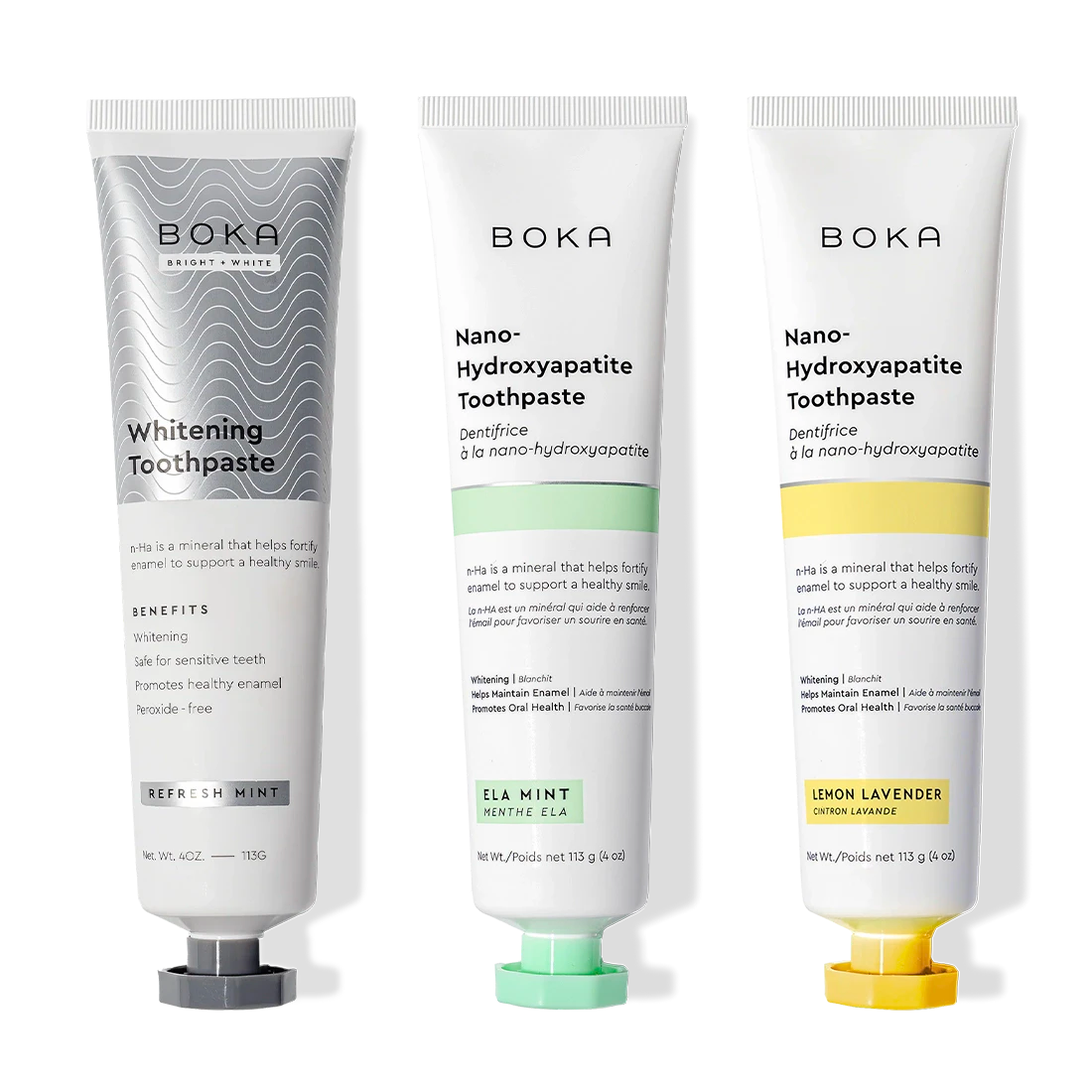 Nano (n-Ha) Toothpaste Whitening 3 Pack: Refresh Mint, Ela Mint, and Lemon Lavender flavors.