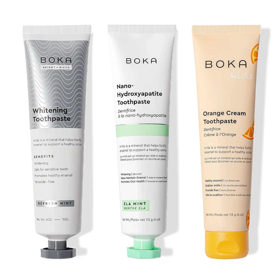 Three-pack of Boka Nano (n-Ha) Whitening Toothpaste, including Refresh Mint and Kids Orange Cream.