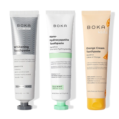 Three-pack of Boka Nano (n-Ha) Whitening Toothpaste, including Refresh Mint and Kids Orange Cream.