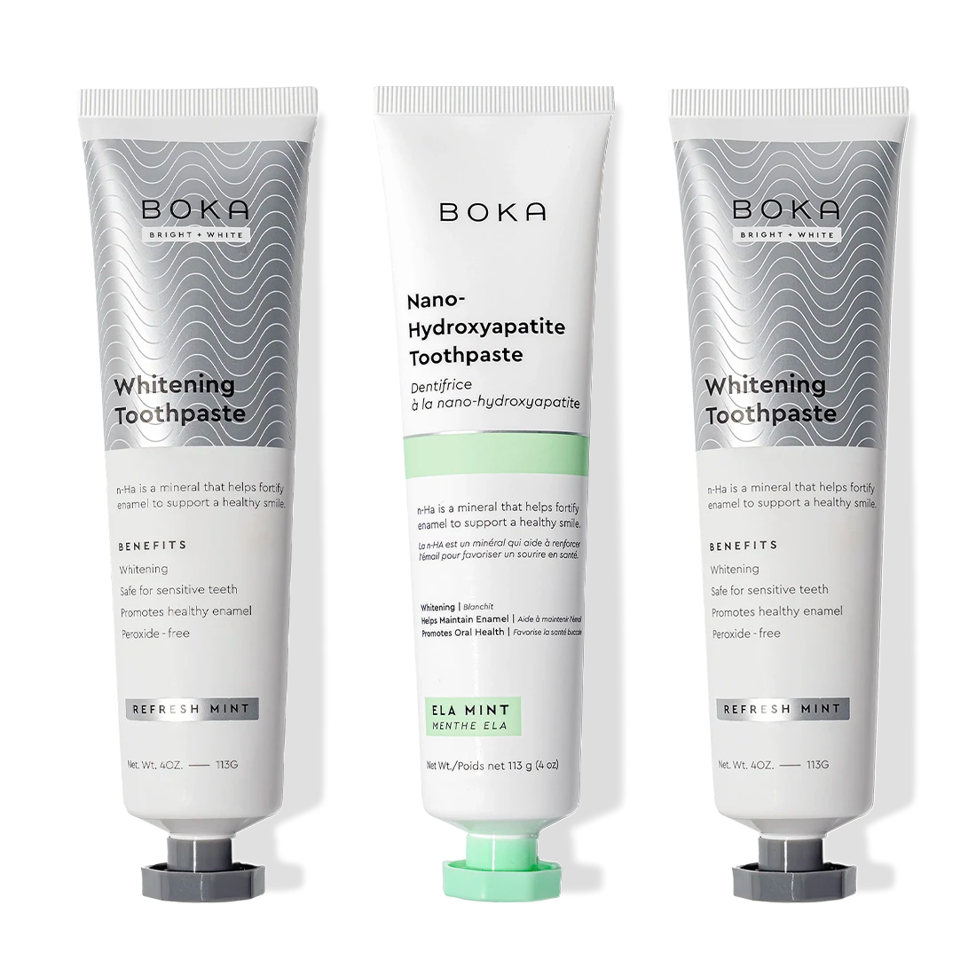 Three Nano (n-Ha) Toothpaste Whitening 3 Pack tubes stand upright on a white background.