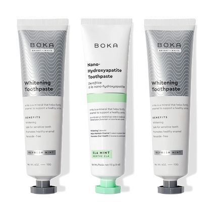 Three Nano (n-Ha) Toothpaste Whitening 3 Pack tubes stand upright on a white background.
