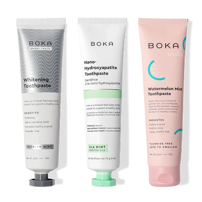 Three-pack of Boka Nano (n-Ha) Toothpaste: Refresh Mint, Watermelon Mint, and Whitening flavors.