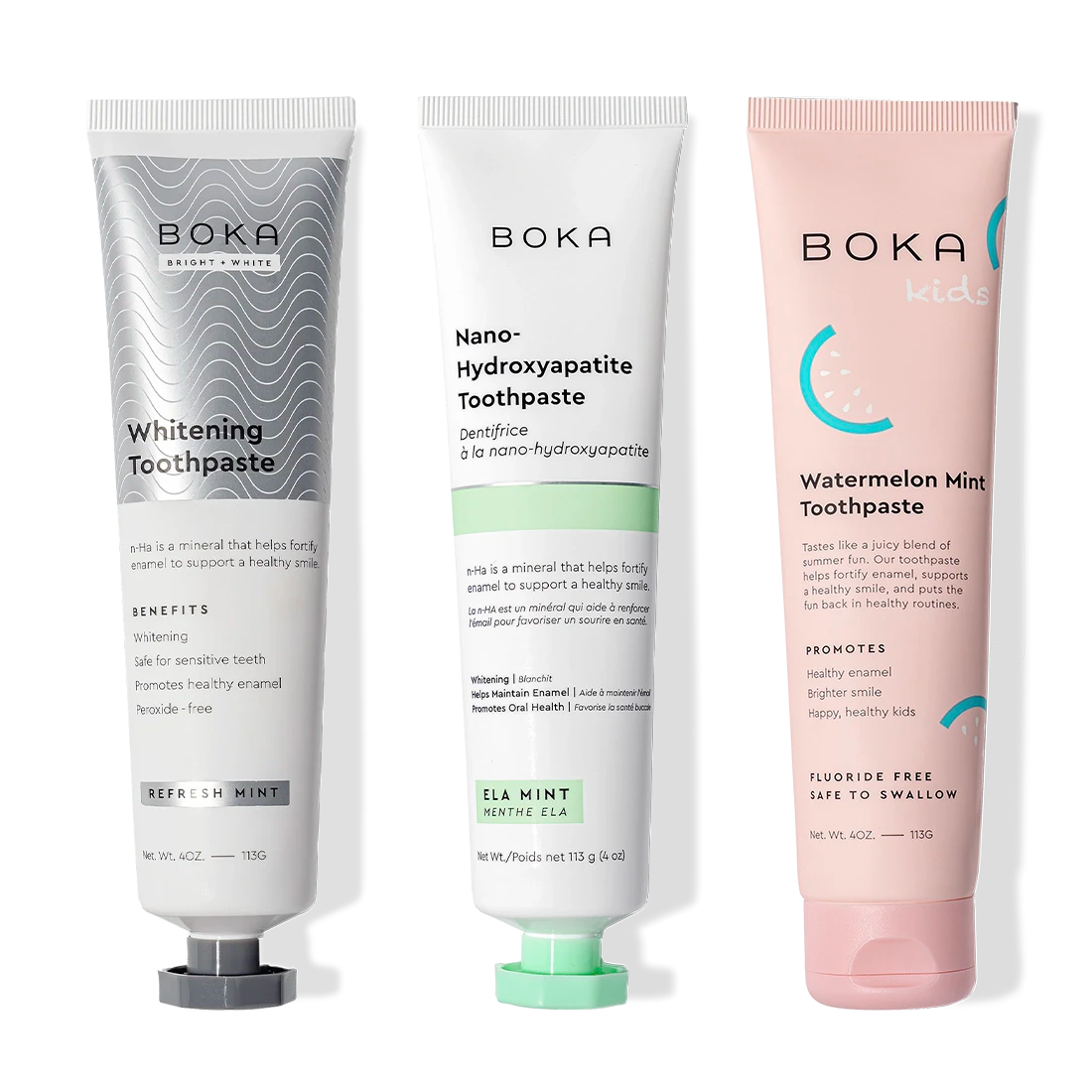 Three-pack of Boka Nano (n-Ha) Toothpaste: Refresh Mint, Watermelon Mint, and Whitening flavors.