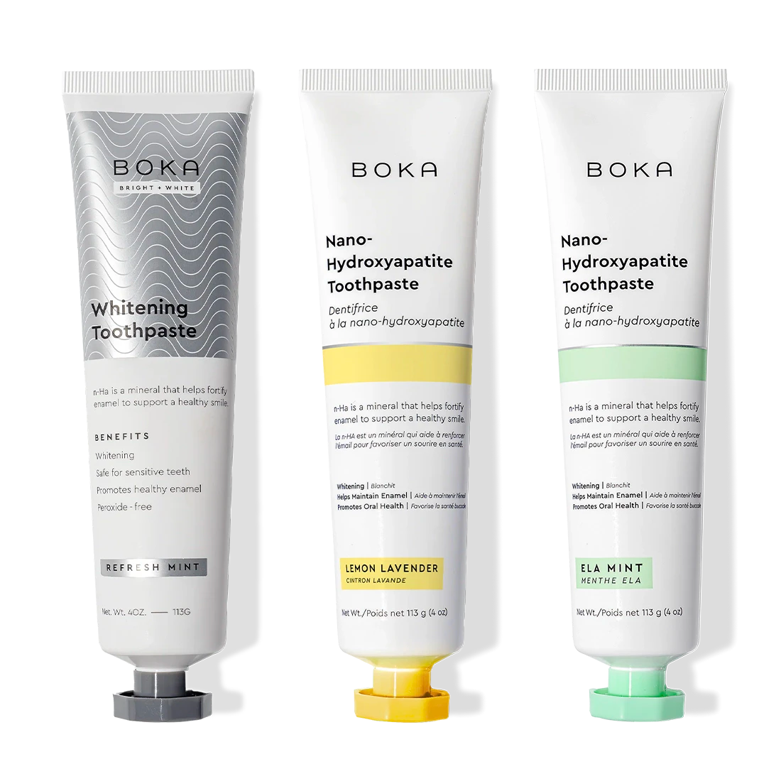 Boka Nano (n-Ha) Toothpaste Whitening 3 Pack: Refresh Mint, Lemon Lavender & Ela Mint flavors.