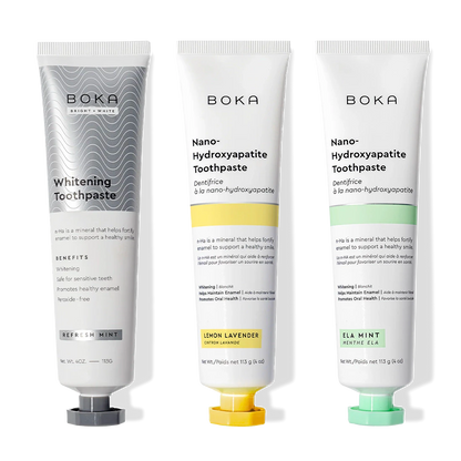 Boka Nano (n-Ha) Toothpaste Whitening 3 Pack: Refresh Mint, Lemon Lavender & Ela Mint flavors.