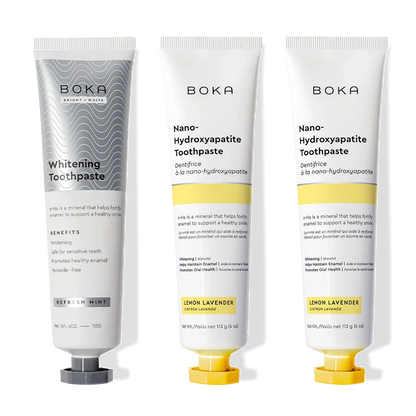 Three-pack of Nano (n-Ha) Toothpaste: two Lemon Lavender and one Whitening Refresh Mint.
