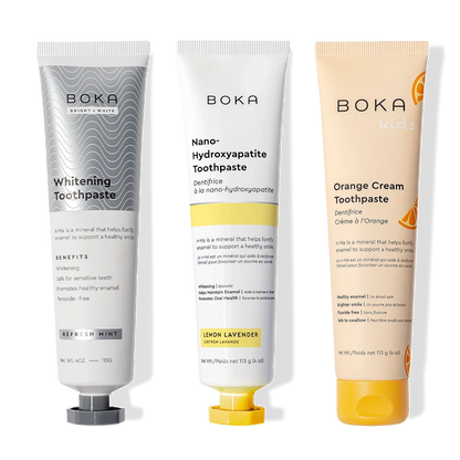 Three-pack of Boka Nano (n-Ha) Whitening Toothpaste, including Kids Orange Cream variety.