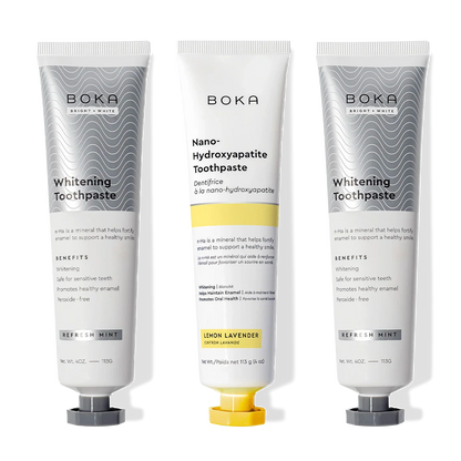 Three tubes of Boka Nano (n-Ha) Toothpaste Whitening 3 Pack, including Lemon Lavender.