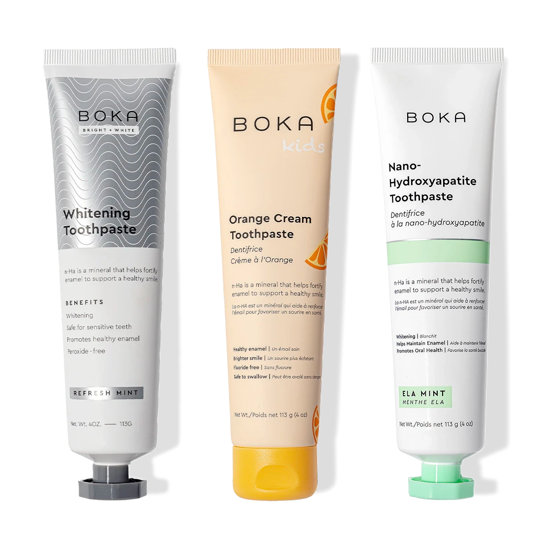 Three Boka Nano (n-Ha) Toothpaste Whitening tubes in one 3 pack: peroxide- and fluoride-free.