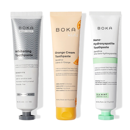 Three Boka Nano (n-Ha) Toothpaste Whitening tubes in one 3 pack: peroxide- and fluoride-free.