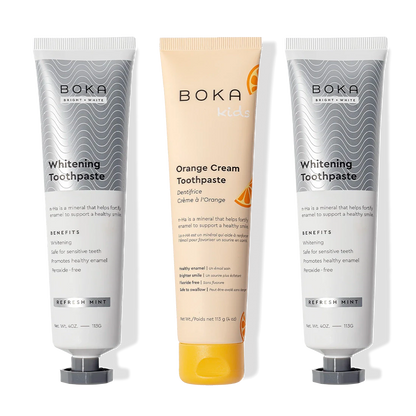 Nano (n-Ha) Toothpaste Whitening 3 Pack: 2 Whitening Mint, 1 Orange Cream Kids—side by side.