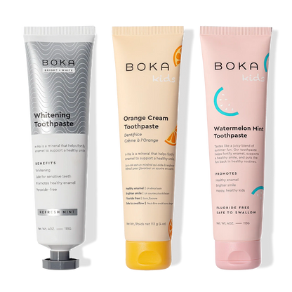 Three-pack of Boka Nano (n-Ha) Whitening Toothpaste: includes kids’ Orange Cream & Watermelon Mint.