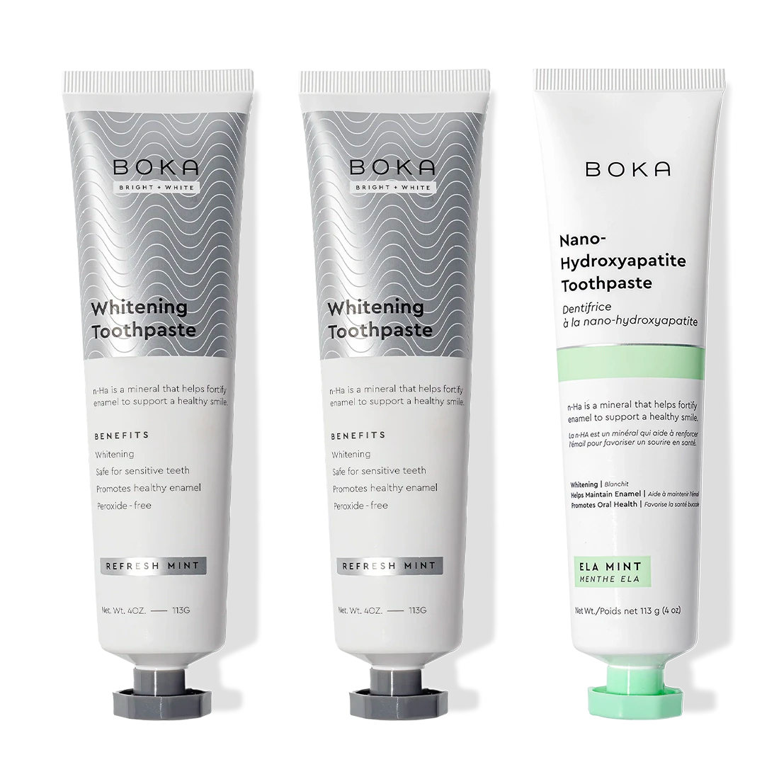 Three upright Nano (n-Ha) Toothpaste Whitening 3 Pack tubes: two silver, one white and green.