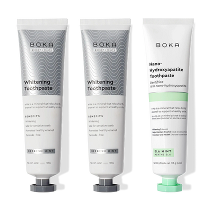 Three upright Nano (n-Ha) Toothpaste Whitening 3 Pack tubes: two silver, one white and green.
