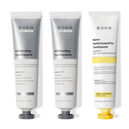 Three-pack of Nano (n-Ha) Toothpaste Whitening: two gray tubes, one white and yellow.