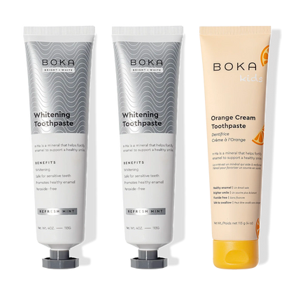 Three Nano (n-Ha) Toothpaste: two whitening (gray), one kids orange cream (orange).