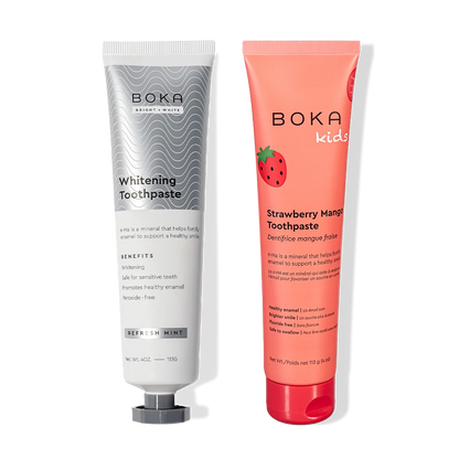 N-Ha Toothpaste 2-Pack: Whitening & Kids formulas, both with nano-hydroxyapatite for strong enamel.