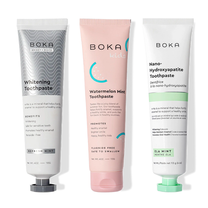 Three Boka Nano (n-Ha) Toothpaste Whitening 3 Pack tubes: peroxide-free and safe for kids.
