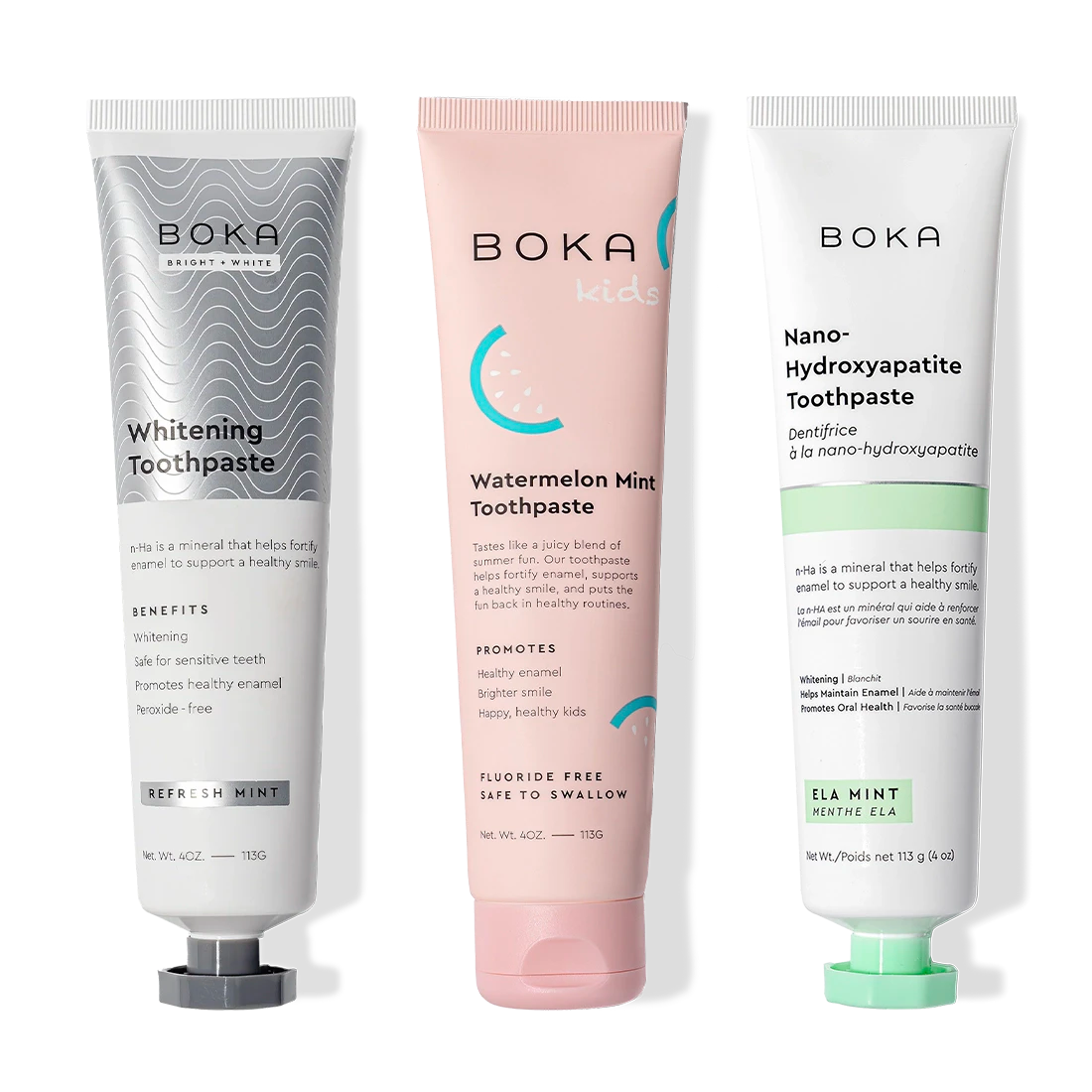 Three Boka Nano (n-Ha) Toothpaste Whitening 3 Pack tubes: peroxide-free and safe for kids.