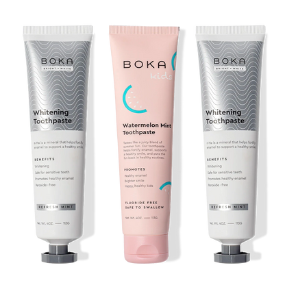 Three-pack: two Whitening Mint (n-Ha), one Kids Watermelon Mint toothpaste.