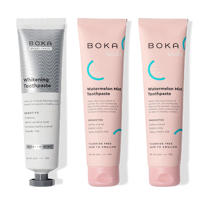 Three upright Nano (n-Ha) Toothpaste Whitening tubes, peroxide-free with nano-hydroxyapatite formula.