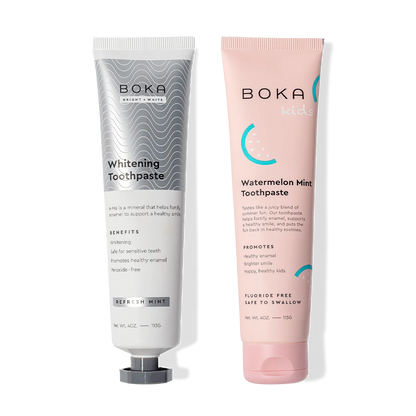 N-Ha Toothpaste 2-Pack: Whitening & Watermelon Mint Kids, both with nano-hydroxyapatite for enamel.